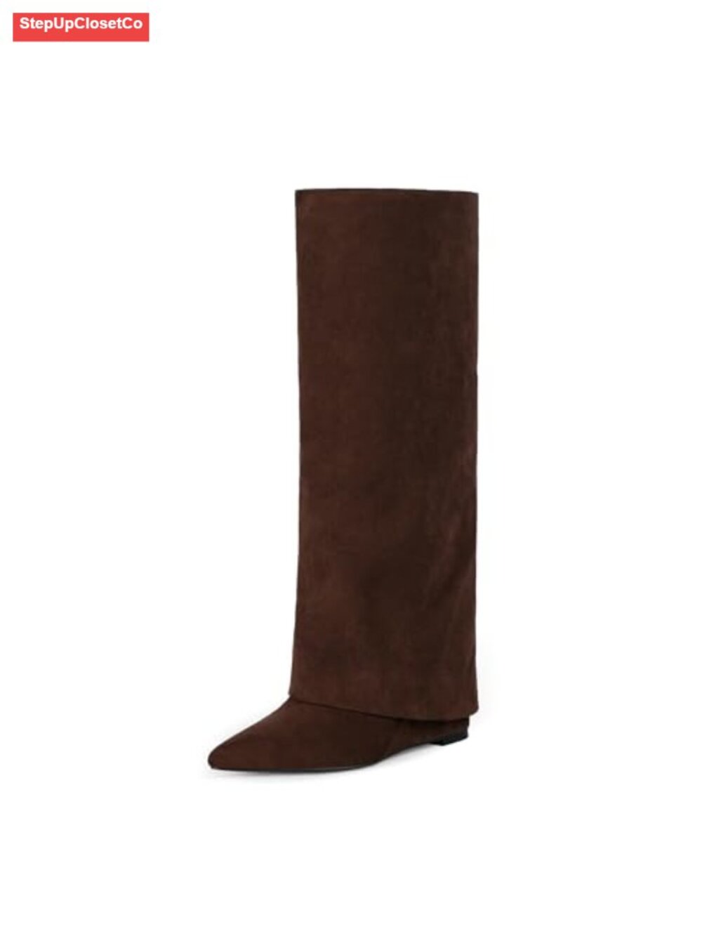 Faux Suede Knee High Fold Over Wedge Heel Boots for Women Wide Calf Side Zip